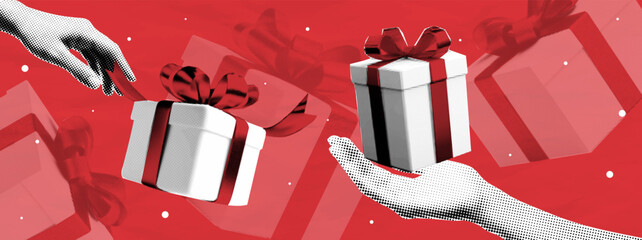Christmas Halftone pop art collage of hands exchanging gift boxes with ribbon, present, giving and celebration concept in halftone texture on red background
