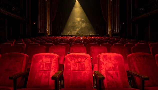 A full auditorium, filled with rows of rich red velvet seats, awaits the start of a performance.