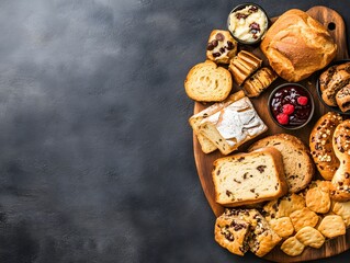 Delicious Bakery Breads and Pastries Assortment on Wooden Board