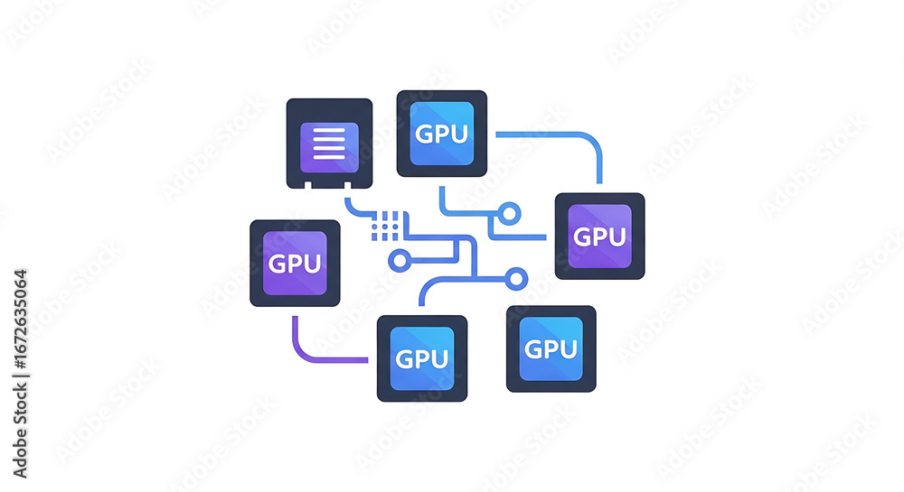 Poster illustration showing a network of gpus connected with lines on a white background in a square patter