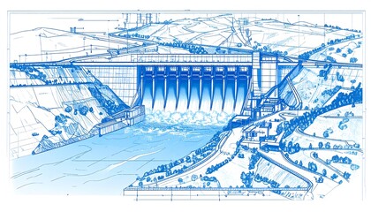 Detailed technical drawing of a hydroelectric dam