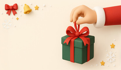 Christmas sale banner with Santa hand holding festive gift box and copy space for holiday offers