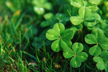 Close-up view of vibrant four-leaf clovers nestled amongst lush green grass.