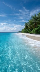 Fototapeta premium Idyllic Tropical Beach Paradise with Turquoise Water and Palm Trees on a Sunny Day
