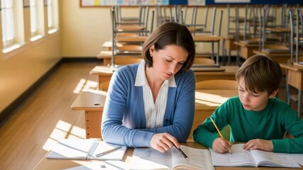 Teacher helping a young student with schoolwork in a bright, empty classroom with desks and books