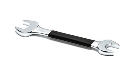 Obraz premium Shiny chrome wrench with a black handle isolated on a white background for industrial or repair related purposes and projects