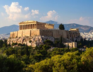 Fototapeta premium A captivating view of the Parthenon atop the Acropolis, showcasing the ancient structure amidst a verdant landscape and a backdrop of the Athenian cityscape.