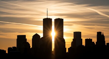 Twin towers world trade center new york city skyline at sunset silhouette scenery