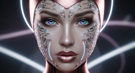 Captivating futuristic woman with glowing neon facial lines, cybernetic headpiece, digital eye displays. Vision of AI, technology, cyborgs, and advanced beauty