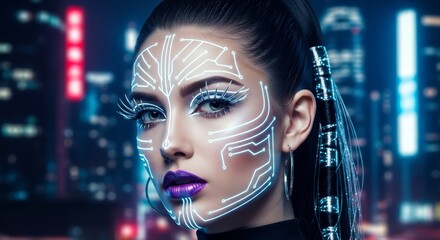 Captivating futuristic woman with glowing neon facial lines, cybernetic headpiece, digital eye displays. Vision of AI, technology, cyborgs, and advanced beauty