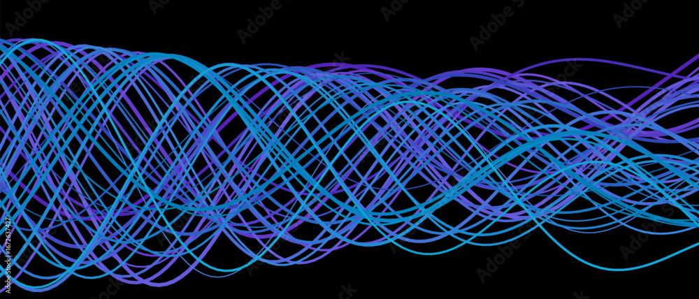 Poster dynamic vector tech background with vibrant multicolored lines on black canvas.