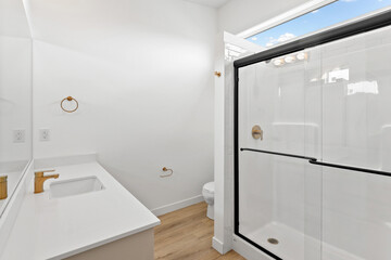Bathroom with a sink, toilet, and shower