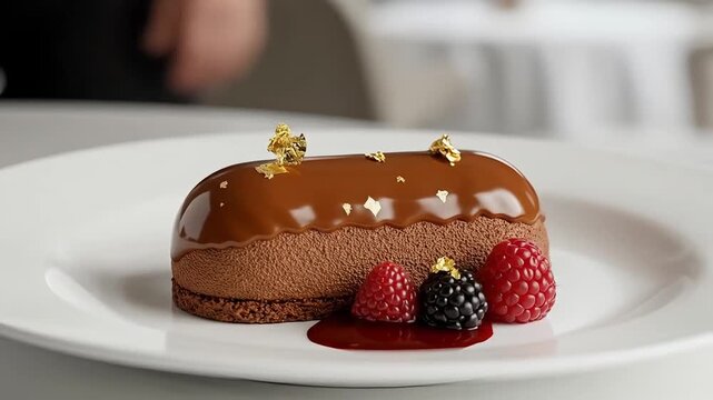 Chocolate dessert on white plate with raspberries and sauce  