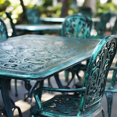 Ornate Teal Metal Patio Furniture Set Outdoor Cafe Table Chairs