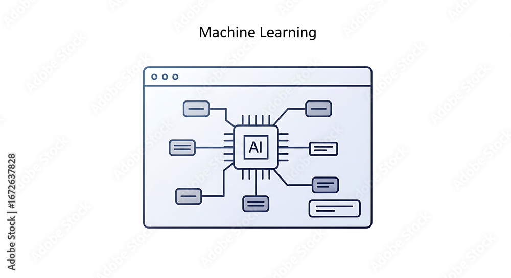 Aufkleber illustration of a computer screen with an ai chip connected to various data points displayed