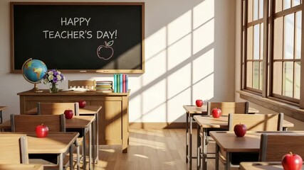 Classroom decorated for Teacher's Day with apples on desks and sunlight streaming through windows, "Happy Teacher's Day!" message on blackboard