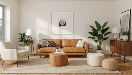 Warm and cozy interior of living room space with brown sofa 02
