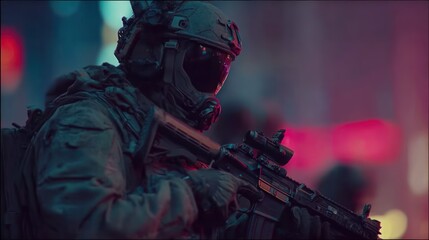 Armed operative in neon-lit city