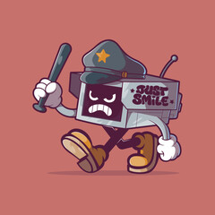 Surveillance Camera with Cop Hat and 'Just Smile' Graffiti vector illustration. Mascot design concept.