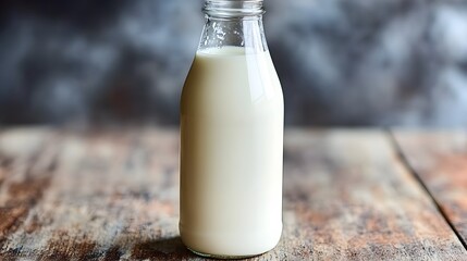 Glass Bottle of Fresh Milk on Rustic Wooden Table