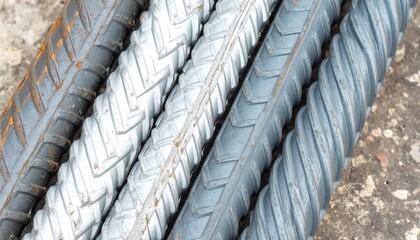 Fototapeta premium Close up of steel rebar rods with textured surface for construction.