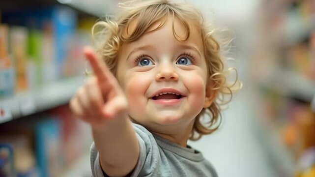 An adorable young child with big, bright eyes and blond curls joyfully indicates a choice in a retail store