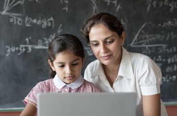 Caring female teacher attentively guiding young girl studying on a modern digital computer device. They are actively engaged in learning inside a school classroom, with mathematical equations
