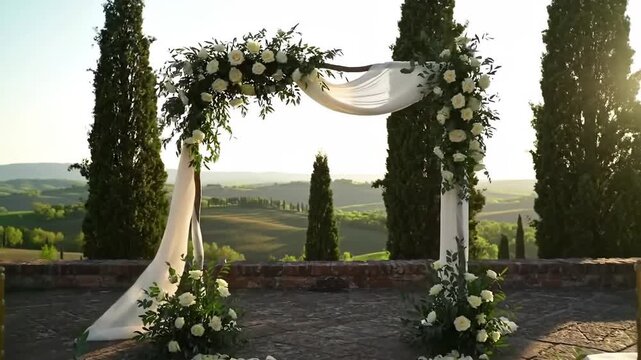 Romantic wedding arch with white flowers, elegant, set for an outdoor ceremony, beautiful Tuscan hills background