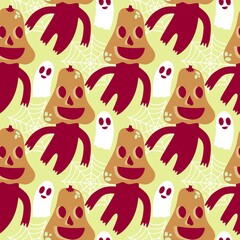 Autumn harvest vegetable seamless monster Halloween pumpkins pattern for wrapping paper and fabrics