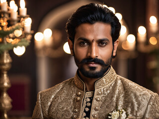 Indian man in traditional sherwani with detailed facial features