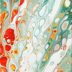 Abstract Fluid Acrylic Pour Painting Red Green White Gold Swirls