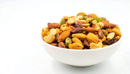 Bowl of Mixed Nuts and Seeds on a White Background.