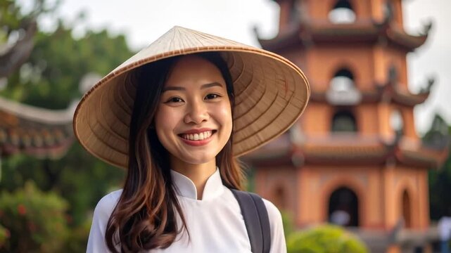 Smiling asian woman in traditional outfit