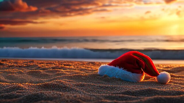 Santa hat on beach sand at sunset with ocean horizon and dramatic sky