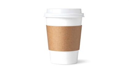 A single disposable coffee cup with a kraft paper sleeve, displayed against a white background.