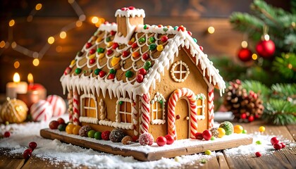 Naklejka premium Festive Gingerbread House with Christmas Decorations.