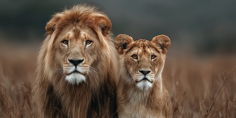 Obraz premium Majestic lions standing together in the savannah at dusk showcasing their bond and strength