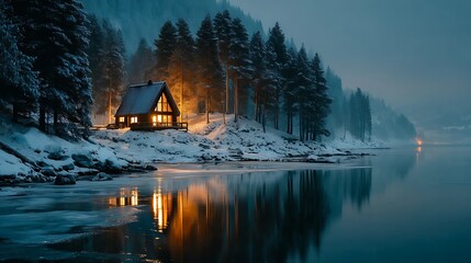 Winter cabin with warm glowing lights at night high resolution photo