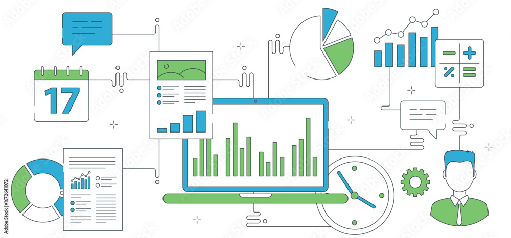 Poster vector illustration of business dashboard with data visualizations and analytics elements