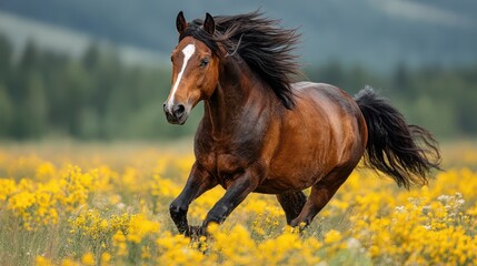 Obraz premium Galloping horse in a vibrant field of wildflowers during sunny daylight in the countryside