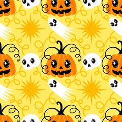 Autumn harvest vegetable seamless monster Halloween pumpkins pattern for wrapping paper and fabrics