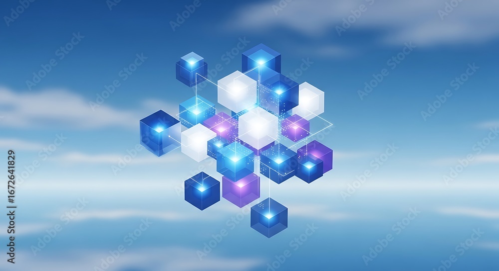 Poster abstract geometric structure - interconnected cubes and hexagons in sky.