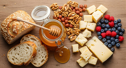 Fototapeta premium Rustic breakfast with bread, cheese, nuts, and honey jar, styled as a flat lay on wooden surface. 