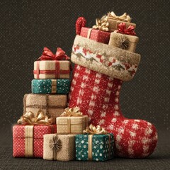 Colorful Christmas stocking filled with beautifully wrapped gifts in festive holiday setting