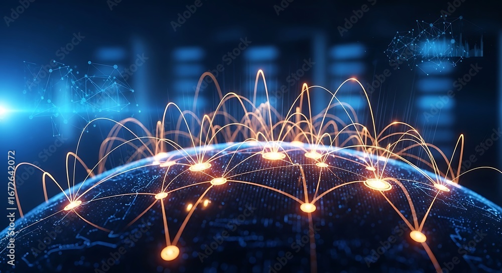 Poster global network connections - illuminated earth with data flow visualization, futuristic concept.