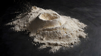 Mound of flour prepared in a well or volcano shape for baking fresh bread or pasta on a dark stone surface