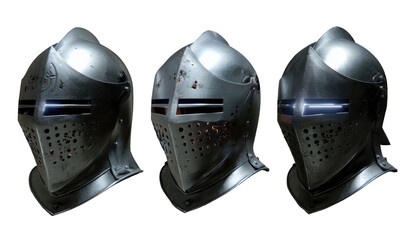 Three medieval knight helmets, digitally rendered, in various views