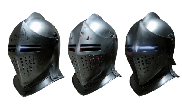 Three medieval knight helmets, digitally rendered, in various views