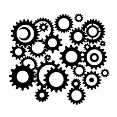 Illustration of multiple black gears arranged in a clustered pattern
