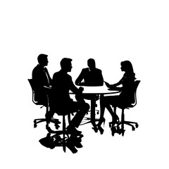 Silhouette of four people sitting at a round table in a meeting room